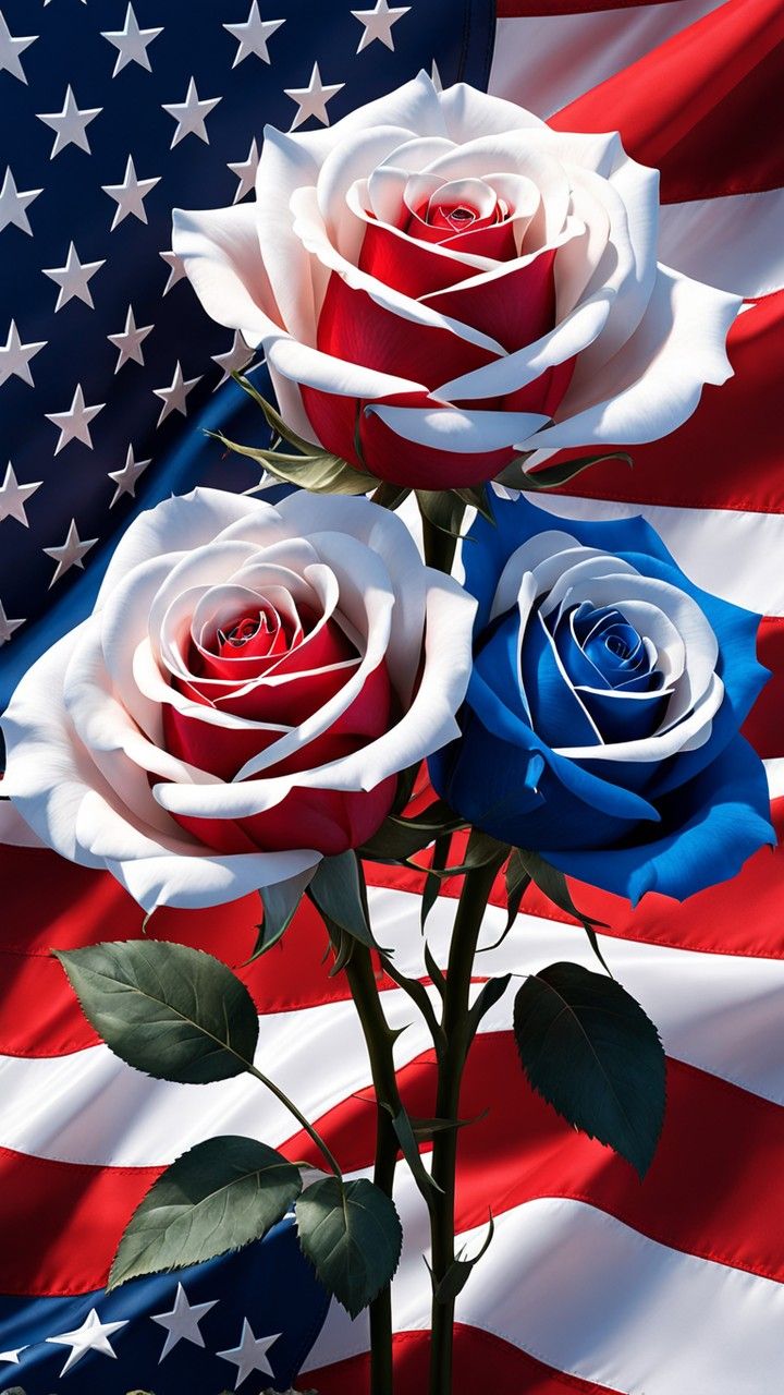 two red, white and blue roses in front of an american flag