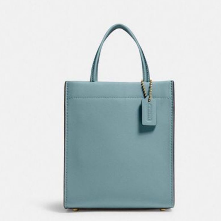 Coach Mini Cashin Tote. Brand New With Tag. Comes With Dust Bag, And Adjustable & Removable Crossbody Strap With 21.5” Drop For Shoulder Crossbody Wear And Handles 3” Drop. Measurements: Length: 3.0" Height: 5.5" Width: 6.5". Bag Color Is Sage, Light Blue. Style Number: C4828. Material Is: Glovetanned Leather, Fabric Lining. Versatile Rectangular Coach Bag, Blue Square Bag With Gold-tone Hardware, Blue Square Bags With Gold-tone Hardware, Blue Style, Leather Fabric, Crossbody Strap, Coach Bags, Dust Bag, Handles