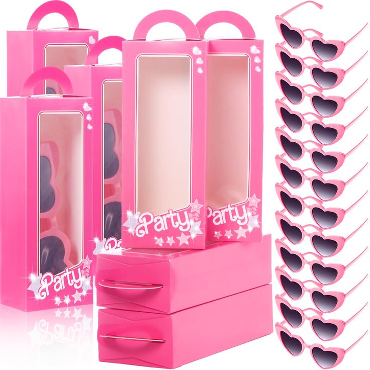 a set of pink jewelry boxes with heart shaped sunglasses on top and the words party