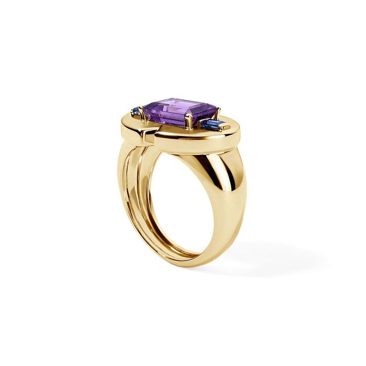 Embrace color with this Amethyst Emerald Cut and Blue Sapphire Signet Ring. A classic and timeless style is re-imagined with bold gold and rich gemstones for an eye-catching ring! Available in 14K Yellow Gold Amethyst weight = 1.4 carats Sapphire weight = 0.24 carats Gemstones are natural, therefore colors may vary Luxury Tanzanite Emerald Cut Ring, Luxury Tanzanite Yellow Gold Ring, Luxury Yellow Gold Tanzanite Ring, Elegant Multi-stone Amethyst Ring In Yellow Gold, Luxury Purple Sapphire Ring, Elegant Gold Rings With Tanzanite, Elegant Gold Tanzanite Rings, Luxury Yellow Gold Rings With Gemstone Accents, Classic Sapphire Rings In Purple