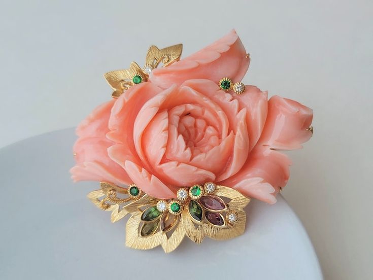 Peony Blossom Coral Brooch Pendant 18K Yellow Gold, Natural Hand Carved Pink Coral, , Handmade Coral Fine Jewelry, Designer's Jewelry - Etsy Georgia Luxury Pink Brooch For Wedding, Luxury Pink Brooches For Wedding, Luxury Pink Wedding Brooches, Orange Pictures, Coral Jewelry Set, Coral Pendant, Coral Jewelry, Pink Coral, Gold Jewelry Fashion