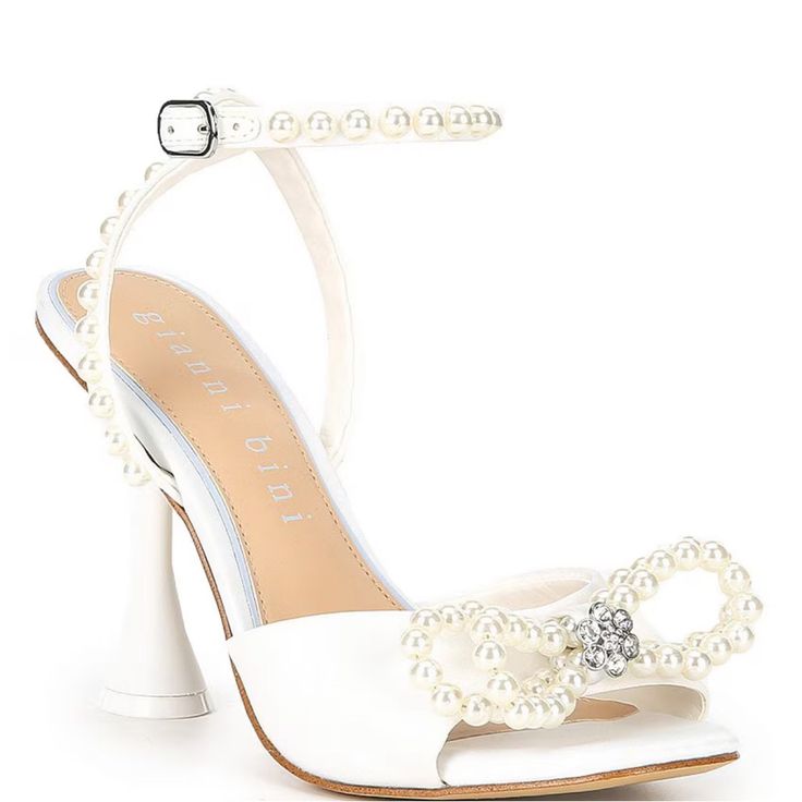 Gianni Bini Size 10 Pearl Bow Ankle Strap Heels- Look Brand New Elegant Synthetic Sandals With 4-inch Heel, Glamorous White Block Heel Heels, Elegant Open Toe Heels For Spring, Elegant Ankle Strap Heels For Summer, Spring Cocktail Heels With Ankle Strap, Summer Event Heels With Ankle Strap, Elegant Pointed Toe Synthetic Sandals, Glamorous 4-inch Heel Sandals For Spring, Glamorous Sandals With 4-inch Heel For Spring