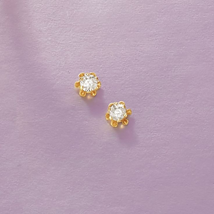 Ross-Simons - Child's Diamond Accent Stud Earrings in 14kt Yellow Gold. Dainty and delicate, diamonds are a girl's best friend... at any age! These child's diamond accent earrings are round brilliant-cut and include 14kt yellow gold safetyback screw posts for pierced ears. Diamond stud earrings. Diamond birthstones are the perfect gift for April birthdays. Classic Gold Diamond Cluster Earrings, Classic Diamond Cluster Earrings In Gold, Classic Gold Diamond Earrings Hallmarked, Gold Sterling Silver Cluster Earrings With Brilliant Cut, Classic Gold Hallmarked Diamond Earrings, Tarnish Resistant Round Cut Diamond Earrings, Classic Tarnish Resistant Round Cut Earrings, Classic Gold Diamond Earrings, Tarnish Resistant, Gold Hallmarked Round Cut Diamond Earrings