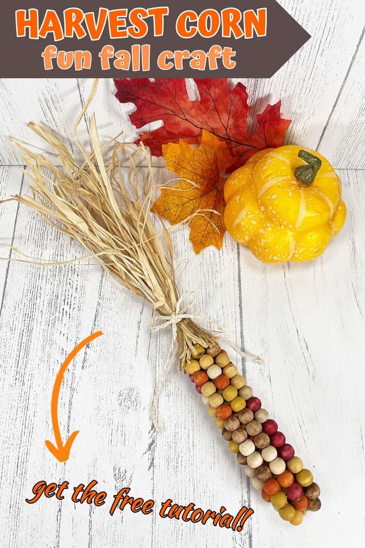 corn on the cob and fall leaves with text overlay that says harvest corn for fall craft