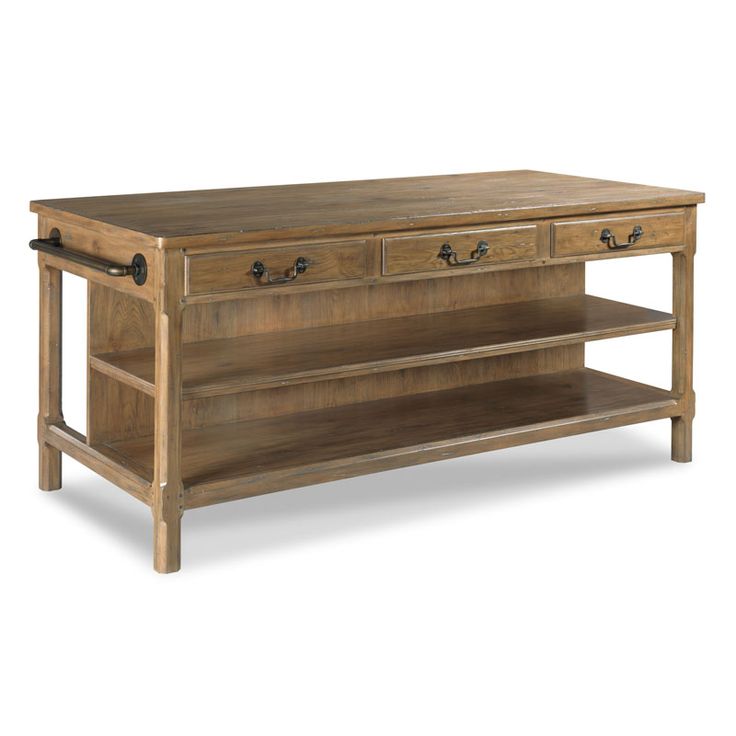 a wooden table with two drawers on one side and an open shelf on the other