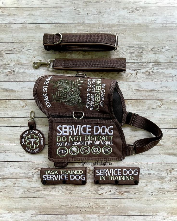 the service dog id badge and lanyard are laid out next to each other on a wooden surface