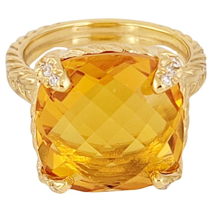 18-karat yellow gold Citrine, 9.30 total carat weight Pave-set diamonds, 0.09 total carat weight Ring, 14mm Ring Size 6 Condition New, never worn Comes with David Yurman Ring Box Retail Price $2,825