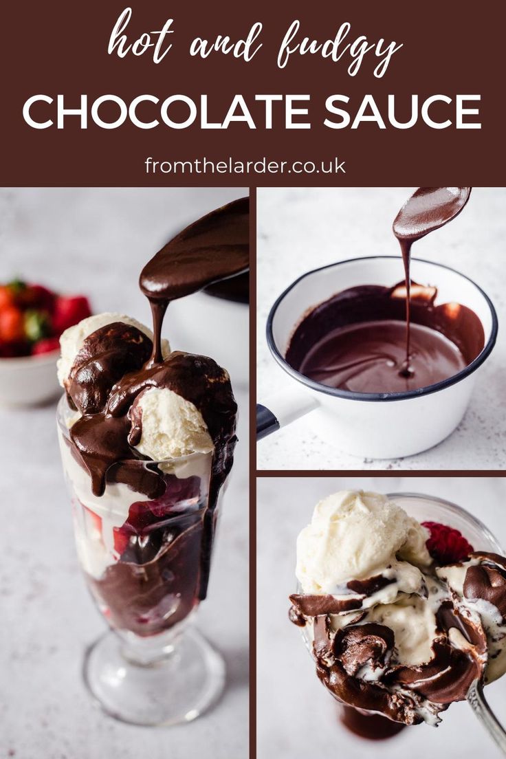 chocolate sauce being drizzled over ice cream and strawberries in a glass