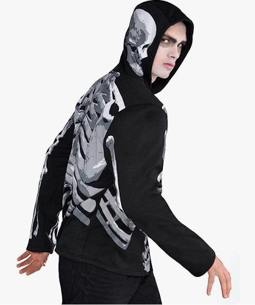 This Black & Bone Skeleton hoodie for men (unisex) gives new meaning to the phrase "the walking dead!" With an X-ray-like print of a skeleton on the front and the back, as well as skull profiles on either side of the hood, this warm and cozy high-quality black hoodie is awesome for everyday wear and as an insta-costume! Throw it on for super casual Halloween parties, or wear your holiday spirit all year long. This comfortable long-sleeve zippered polyester sweatshirt is available in men’s sizes Black And White Costume, Skeleton Hoodie, Casual Halloween, Halloween Parties, Adult Costumes, Walking Dead, The Walking Dead, Holiday Spirit, Black Hoodie