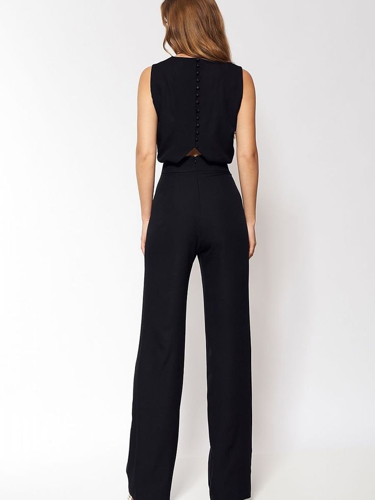 Extremely elegant and feminine jumpsuit is our latest proposition! It emphasizes the waist and lengthens legs thanks to straight legs. The back of the suit is closed with subtle buttons and gently exposes the back - perfect for an evening out paired with stiletto heels. Spandex 5 % Polyester 95 % Size Hips Chest Waist 36 100 cm 96 cm 68.5 cm 38 104 cm 100 cm 72.5 cm 40 108 cm 104 cm 76.5 cm 42 112 cm 108 cm 80.5 cm 44 116 cm 112 cm 84.5 cm Evening Strapless Elastane Jumpsuit, Elegant Strapless Elastane Jumpsuit For Party, Chic Formal Pantsuit, Chic High Waist Jumpsuits And Rompers, Evening Wide-leg Fitted Jumpsuit, Sleek Party Jumpsuits And Rompers, Chic Fitted Jumpsuit With Back Zipper, Sleek Elastane Jumpsuits And Rompers For Party, Chic Summer Jumpsuits And Rompers For Gala