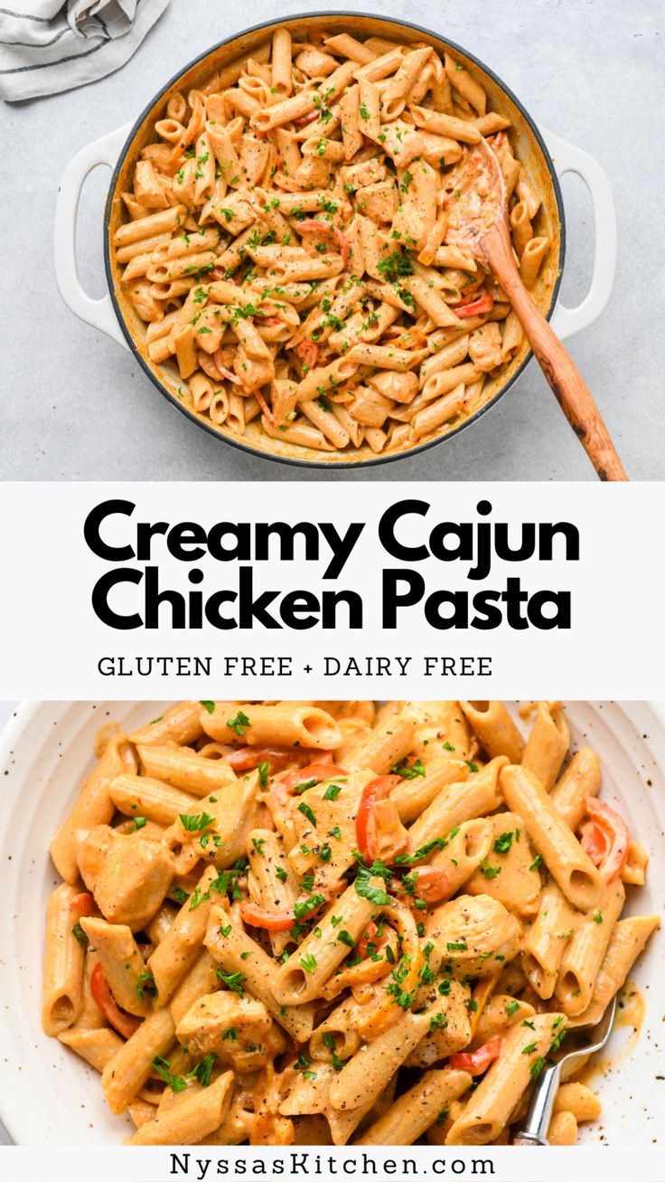 creamy cajun chicken pasta in a skillet with a wooden spoon on the side