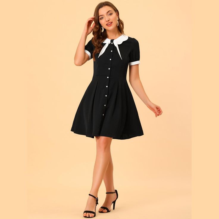 If you are looking for a unique and dainty dress, you will like this piece. The casual, elegant look of this pretty dress will keep you looking good all the time. Paired with your heels for vintage style. Suitable for summer and for many occasions, such as casual, work, business, casual and so on. Dainty Dress, Vintage Shirt Dress, Peter Pan Collar Dress, Midi Slip Dress, Flare Mini Dress, Pretty Dress, Contrast Collar, Women Midi, Mini Shirt Dress