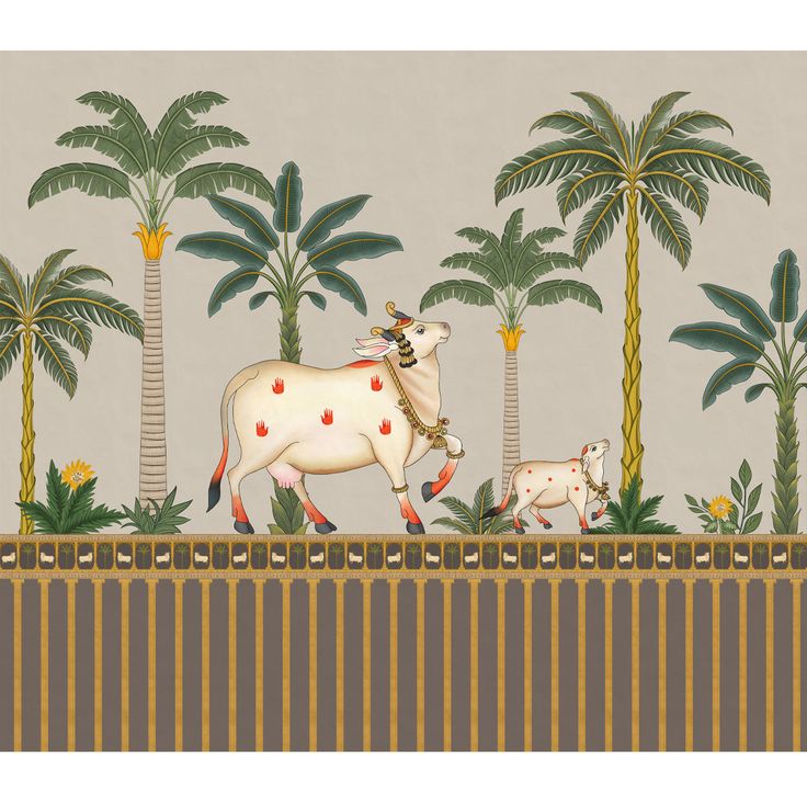 a painting of a man riding a bull in the middle of palm trees