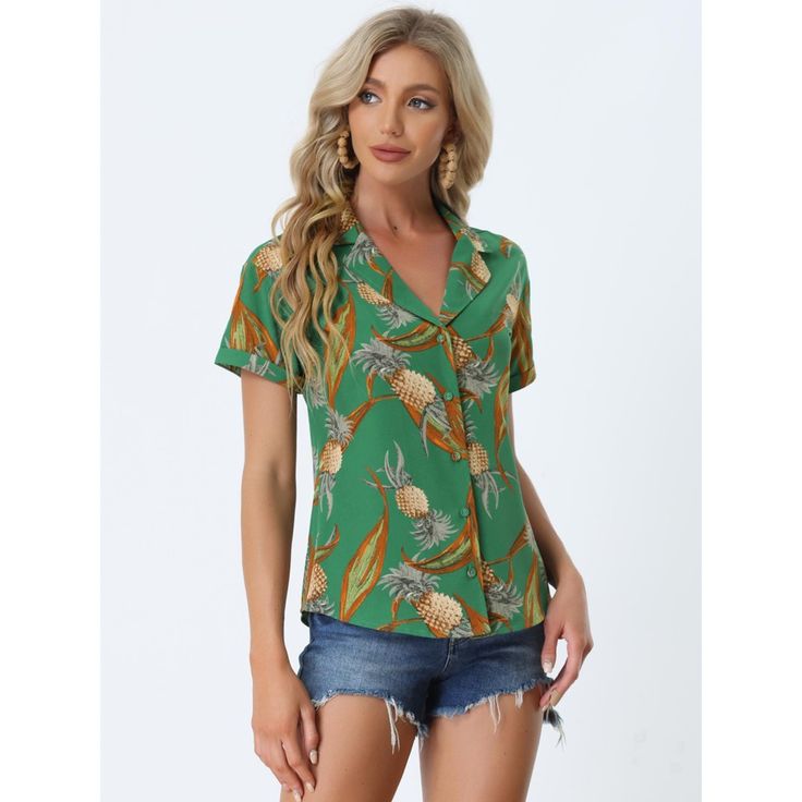 A great shirt to be paired with shorts or jeans. Enjoy the summer with the help of the Hawaiian leaf-printed shirt. Lend a touch of charm to your new season wardrobe with this shirt. Whether on carnivals, festivals, vacations, on the beach, or even at a theme party, you will certainly receive many compliments. Suitable for wearing to the beach. Green Hawaiian Button-up Shirt, Green Camp Collar Blouse For Summer, Green Short Sleeve Summer Shirt, Green Tops With Button Closure For Summer, Green Floral Print Hawaiian Button-up Shirt, Green Floral Print Button-up Hawaiian Shirt, Green Collared Beach Tops, Green Vacation Blouse With Button Closure, Green Printed Short Sleeve Shirt For Spring