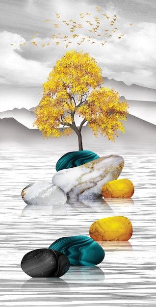 three rocks in the water with a tree and birds flying over them