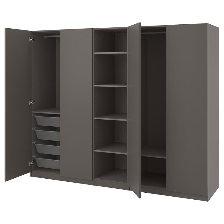 an open gray cabinet with drawers and shelves