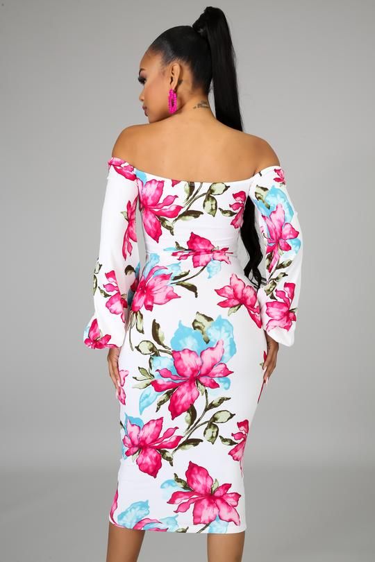 Blossom in this floral print midi dress that hugs all of your curves. Fabric is soft and has ample stretch.Material: 95% Polyester / 5% Spandex Printed Midi Dress For Brunch, Floral Print Bodycon Maxi Dress, Bodycon Floral Print Maxi Dress, Rose Print Midi Dress For Brunch, Spring Brunch Bodycon Maxi Dress, Spring Bodycon Maxi Dress For Brunch, Spring Maxi-length Bodycon Dress For Brunch, Spring Brunch Maxi Length Bodycon Dress, Feminine Mid-length Floral Dress