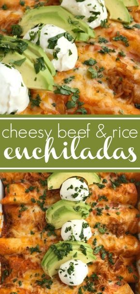 the cheesy beef and rice enchiladas are ready to be eaten