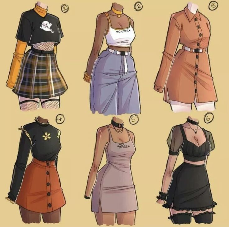 an image of women's clothing in different styles and colors for the anime character