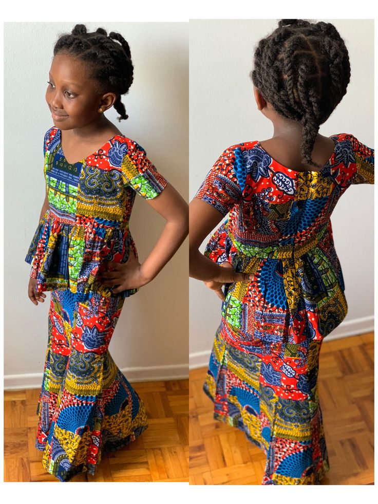 Girls African Print Skirt and Blouse Sets Variety of styles, sizes and prints. Set 1 (Size 12-18 months) African Print Kente Fabric  Blouse is Short sleeved with back zipper  Flared bottom skirt with drawstring adjustable waist  Set 2 (Size 18-24 months) Mustard yellow and royal blue print fabric Short sleeved blouse with front zipper  Flared bottom skirt with drawstring adjustable waist  Set 3 (Size 18-24 months) Green Floral print fabric Short sleeved blouse with back zipper  Flared bottom skirt with drawstring adjustable waist  Set 4 (Size 6T) Diamond Shapes  Short sleeved blouse with back zipper  Flared bottom skirt with drawstring adjustable waist  Set 5 (Size 6T) Royal blue mixed print Short sleeved blouse with back zipper  Flared bottom skirt with drawstring adjustable waist. Set 6 Fitted Multicolor Short Sleeve Set, Skirt And Blouse For Kids, Girls Birthday Outfit, Girls Party Outfits, Ankara Styles For Kids, Kente Fabric, Short Sleeved Blouse, Girls Gift Ideas