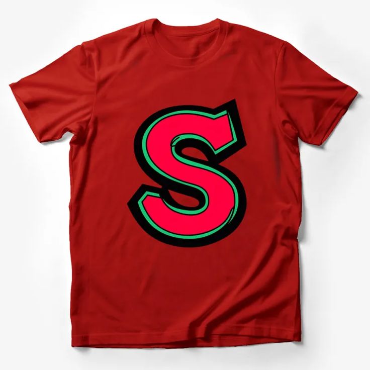 Bold Red and Black Letter S Graphic T-Shirt, Stylish Unisex Alphabet Tee Male T-Shirt Custom graphic T-Shirt.Customize your color Red Logo Print T-shirt For Streetwear, Red Graphic Tee For Streetwear, Red Letter Print Shirt For Streetwear, Red Short Sleeve T-shirt With Text Print, Red Short Sleeve Shirt With Text Print, Casual Red Tops With Graphic Design, Tan Crew Neck T-shirt With Logo Print, Tan Crew Neck T-shirt With Screen Print, Basic Red Top With Letter Print