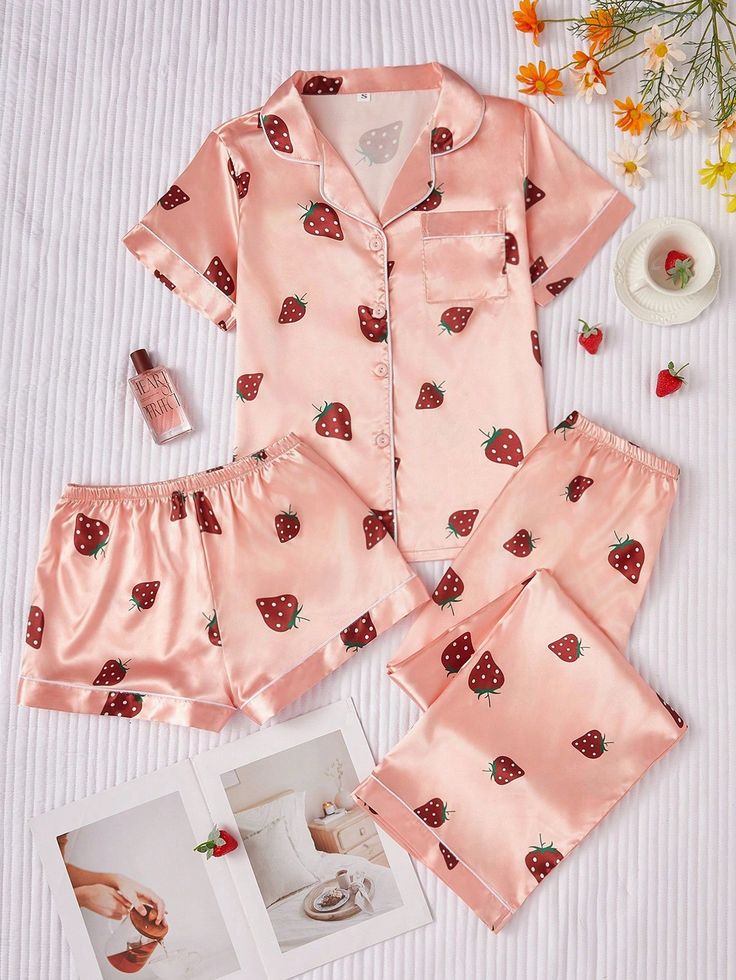 3pcs Women's Contrast Trimmed Imitation Silk Strawberry Printed Pajama Set Coral Orange Cute,Casual-Woman    Fruit&Vegetable Pant Sets Non-Stretch Summer Women Sleep & Lounge, size features are:Bust: ,Length: ,Sleeve Length: Shein Pajama Pants, Cute Pjs Silk, Cute Pjs Christmas, Pjs Outfits Aesthetic, Cute Pyjama Aesthetic, Strawberry Pjs, Cute Pjs Outfits, Girly Pjs, Fun Pajamas Women