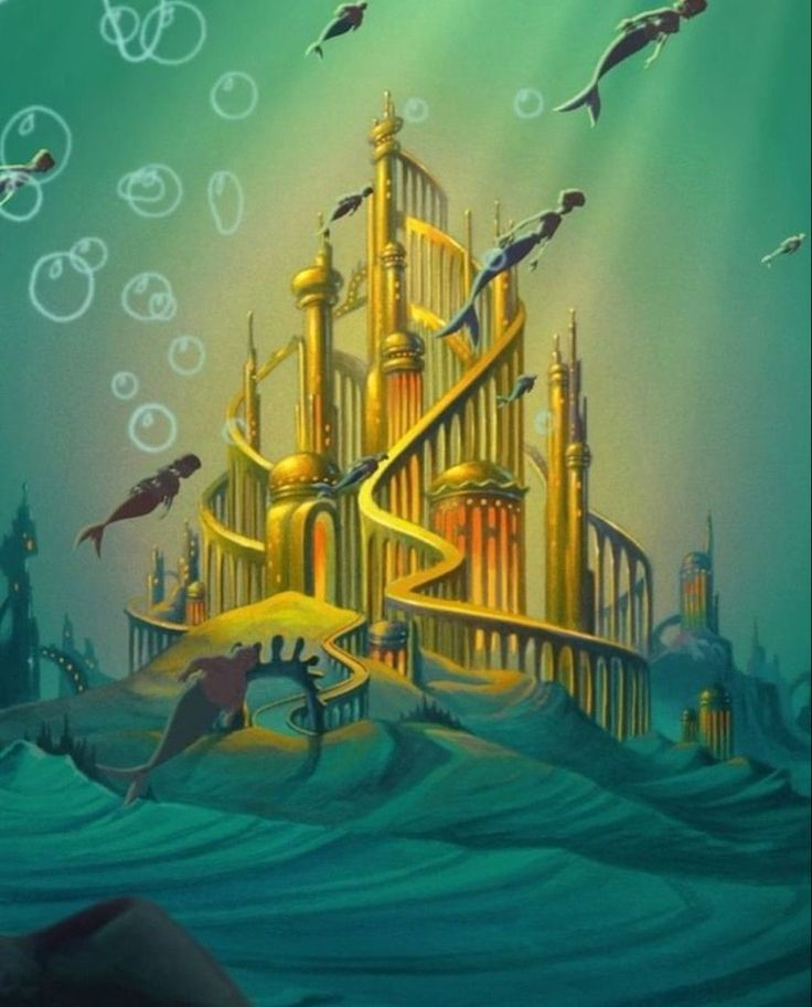 an underwater castle surrounded by fish and bubbles