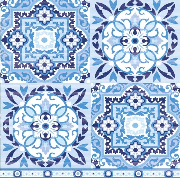 four blue and white tiles with floral designs on the sides, all in different colors