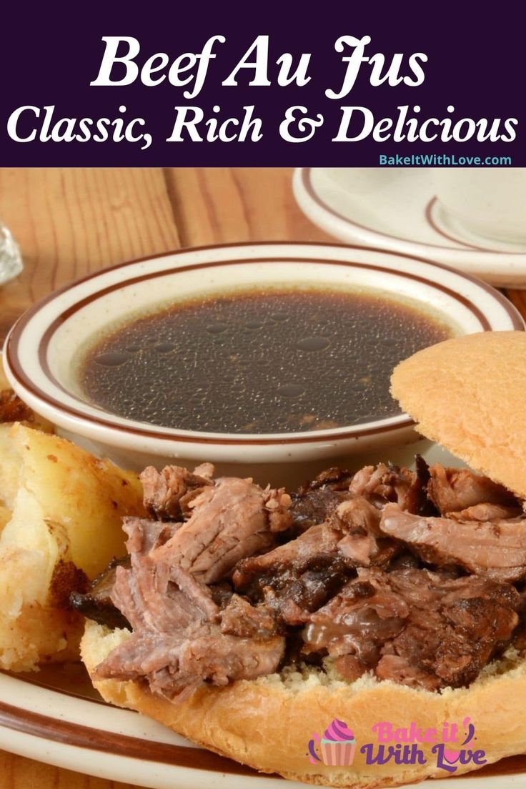 Easy homemade beef au jus served with a French dip sandwich on cafe style rimmed plate with matching bowl. Aus Jus Recipe Simple, Beef Au Jus Recipe, Roast Beef Au Jus, Prime Rib Au Jus, Jus Recipe, Beef Au Jus, Au Jus Recipe, Roasted Beef, Beef Dip