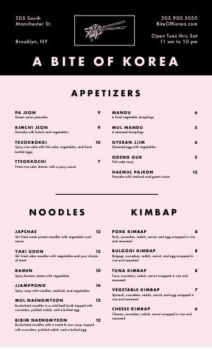 the menu for a korean restaurant with black and white lettering on pink paper, which reads'a bite of korea appetizers '