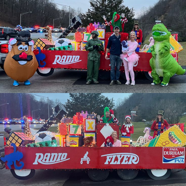 two pictures of people in costumes on a parade float with characters from the sesame street movie