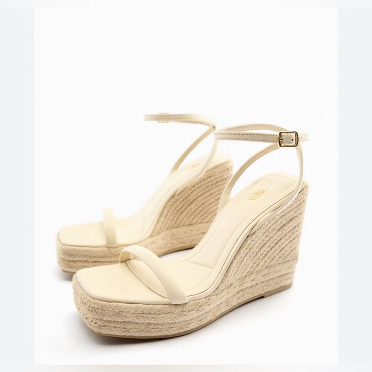 Nwt Zara Leather Wedge Sandal Cream Wedge Sandals With Heel Strap For Summer, Summer Cream Wedge Sandals With Heel Strap, Summer Wedge Sandals With Heel Strap, Beige Closed Toe Wedge Sandals With Wrapped Heel, Cream Wedge Sandals With Heel Strap For Beach, Vacation Wedge Sandals With Heel Strap And Open Heel, Beach Cream Wedge Sandals With Heel Strap, Wedge Heel Sandals With Heel Strap For Beach, Summer Vacation Wedge Sandals With Heel Loop