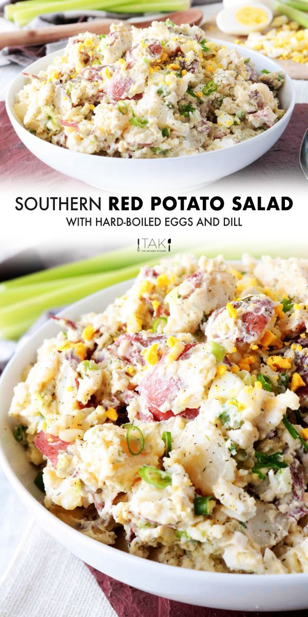 two pictures showing different types of potato salad