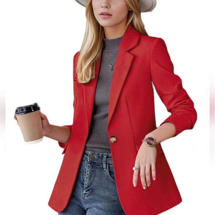 Luxury Red Structured Blazer High Quality Small Red Single Breasted Blazer For Fall, Casual Red Fall Blazer, Casual Red Blazer For Fall, Chic Red Outerwear With Notch Lapel, Tailored Red Outerwear For Fall, Chic Red Notch Lapel Outerwear, Red Notch Lapel Blazer For Spring, Red Winter Workwear Blazer, Classic Red Outerwear For Office