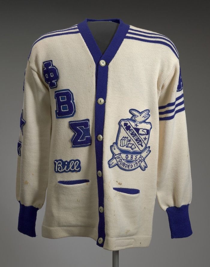 Cardigan from Phi Beta Sigma fraternity | National Museum of African American History and Culture Blue Knit Cardigan, Phi Beta Sigma Fraternity, University Of Richmond, Divine Nine, Phi Beta Sigma, Zeta Phi Beta, Ivory Fabric, Swimsuit Design, Greek Letters