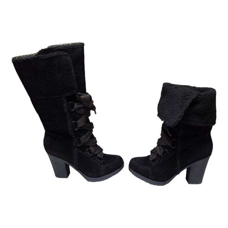 These Boots Are Brand New But Do Not Have The Original Box. They Can Be Worn 2 Ways Either Regular Or Folded Down. If You Have Any Questions Please Message Me. Heel Height- 4" Floor To Top- 15" (Unfolded) Calf Circumference- 16" Lace-up Suede Heeled Boots For Winter, Winter Lace-up Suede Heeled Boots, Winter High Heel Lace-up Boots Medium Width, Winter Lace-up Boots, High Ankle Winter Boots With Suede Lining, Black Suede Lace-up Boots For Winter, Black Boots With Suede Lining For Winter, Fitted Winter Boots With Faux Fur Lining, Winter Heeled Boots With Suede Lining And Round Toe