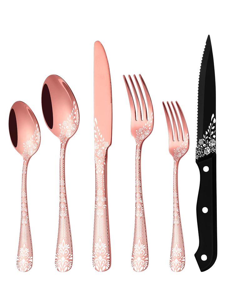 a set of five pink and black utensils