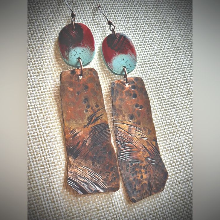 Beautiful Hammered Copper And Polymer Clay Earrings. Handmade And One Of A Kind! 4 Inches Long Rust Color Dangle Earrings With Ear Wire, Rust Dangle Earrings With Ear Wire, Unique Rust-colored Earrings With Ear Wire, Rust Bohemian Earrings For Pierced Ears, Unique Rust Earrings With Ear Wire, Artsy Copper Earrings For Pierced Ears, Red Bohemian Soldered Earrings, Bohemian Red Soldered Earrings, Artsy Pierced Copper Earrings