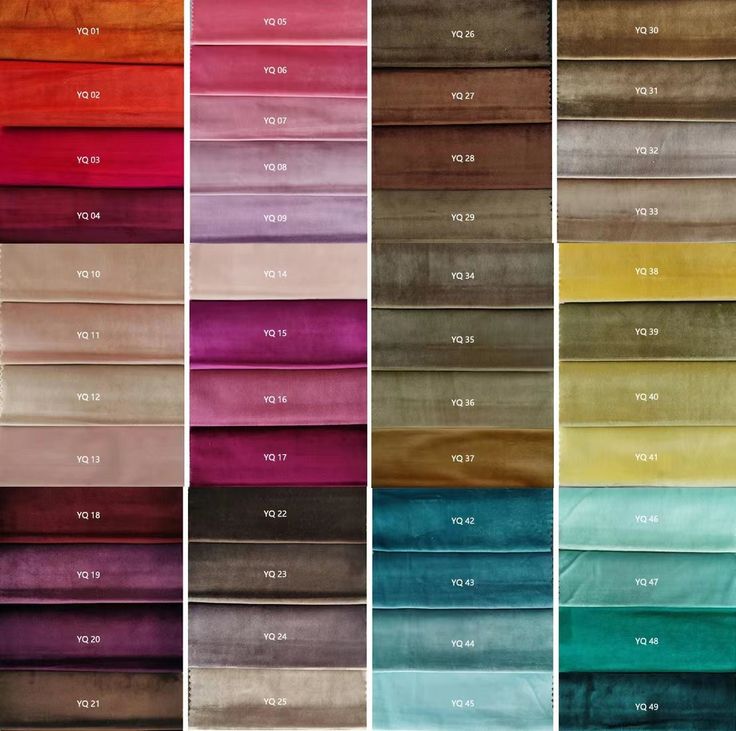 various colors of velvet sheets in different sizes and shapes, all with the names on them