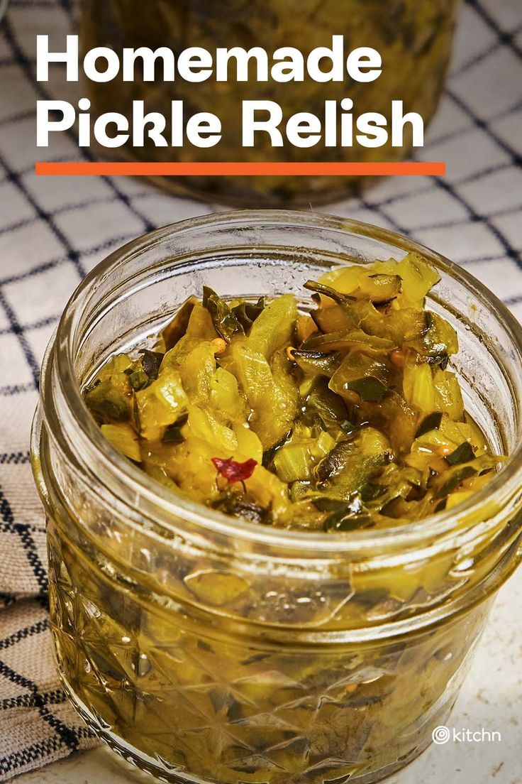 pickle relish in a glass jar with the title overlay reads homemade pickle relish