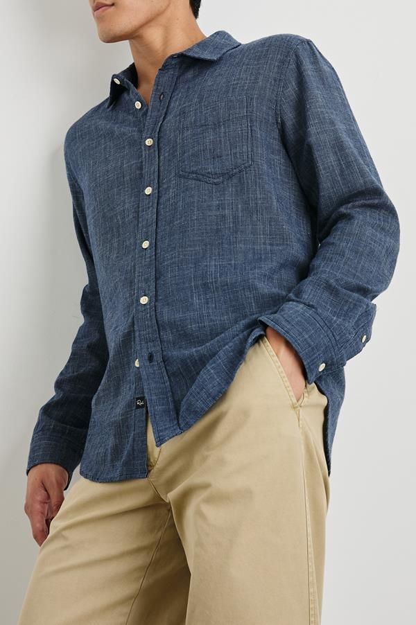 Super soft, breathable cotton fabric mixed with a relaxed body shape makes the Wyatt the perfect Southern California inspired button-down. A classic shirt featuring a single patch pocket at chest.    Relaxed fit 100% Cotton    Machine wash cold. Tumble dry low, remove promptly. No bleach. Cool iron when needed.