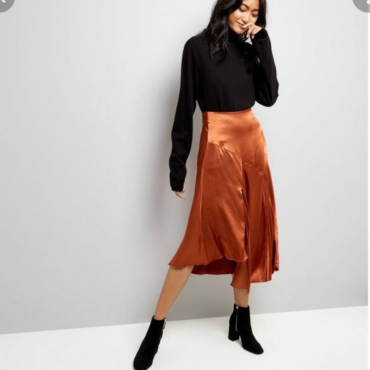 Peach Color Satin Midi Skirt From Nordstrom. New, With Tiny Defect On The Back, Almost No Visible Orange Skirt Outfit Fall, Orange Satin Skirt Outfit, Orange Satin Skirt, Orange Skirt Outfit, Skirt Outfit Fall, Satin Skirt Outfit, Brown Leather Skirt, Silk Midi Skirt, Orange Satin