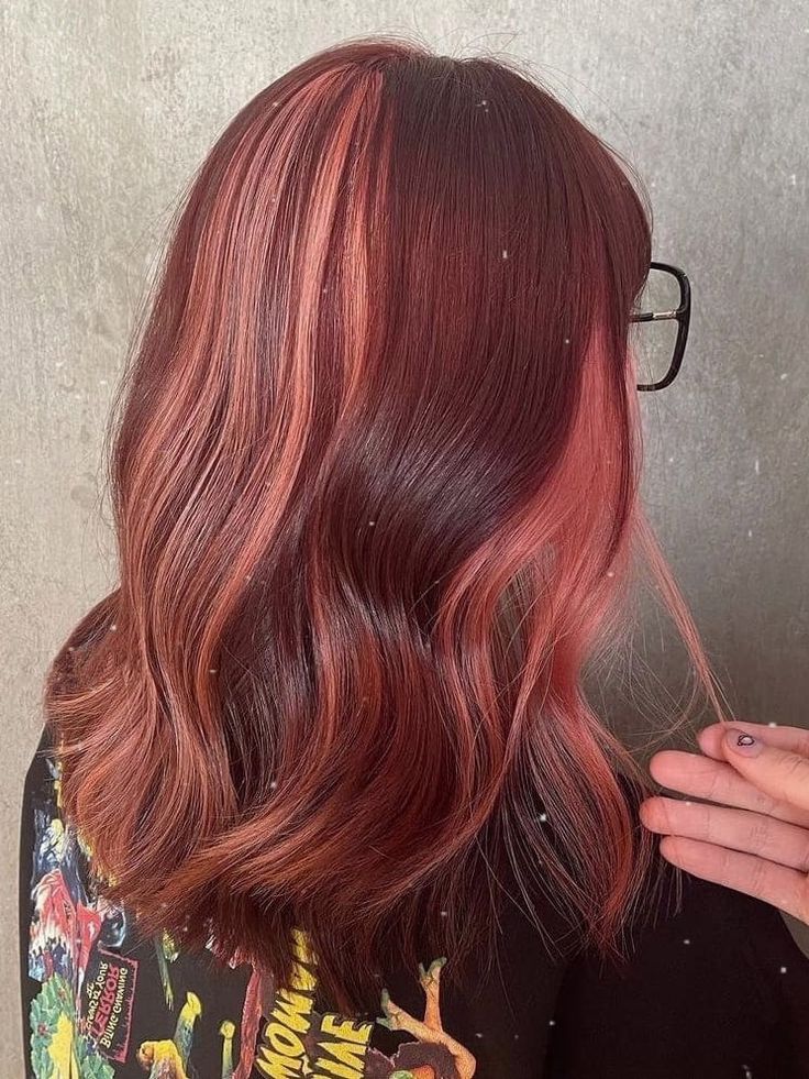 Inspiration Deep Maroon Hair With Blonde, Auburn Hair With Color Blocking, Two Toned Dark Hair, Hair Panels Colored, Subtle Two Tone Hair, Auburn Color Block Hair, 2 Toned Red Hair, Unquie Hair Color, Burgundy Color Block Hair