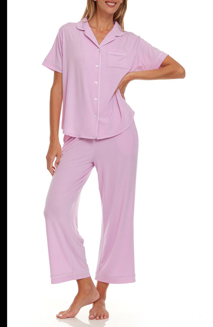 A matching pajama set ensures even your bedtime wardrobe is chic! 26" length; 11" rise, 26" inseam (size Small) Top has front button closure; notched collar; short sleeves Pants have elastic waist 62% polyester, 33% rayon, 5% spandex Machine wash cold, tumble dry Imported Matching Pajama Set, Flora Nikrooz, Matching Pajama, Mario Valentino, Man Up, Matching Pajamas, Contemporary Outfits, Designer Crossbody Bags, Sweaters And Leggings