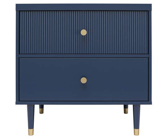 a blue dresser with two drawers on one side and gold knobs on the other