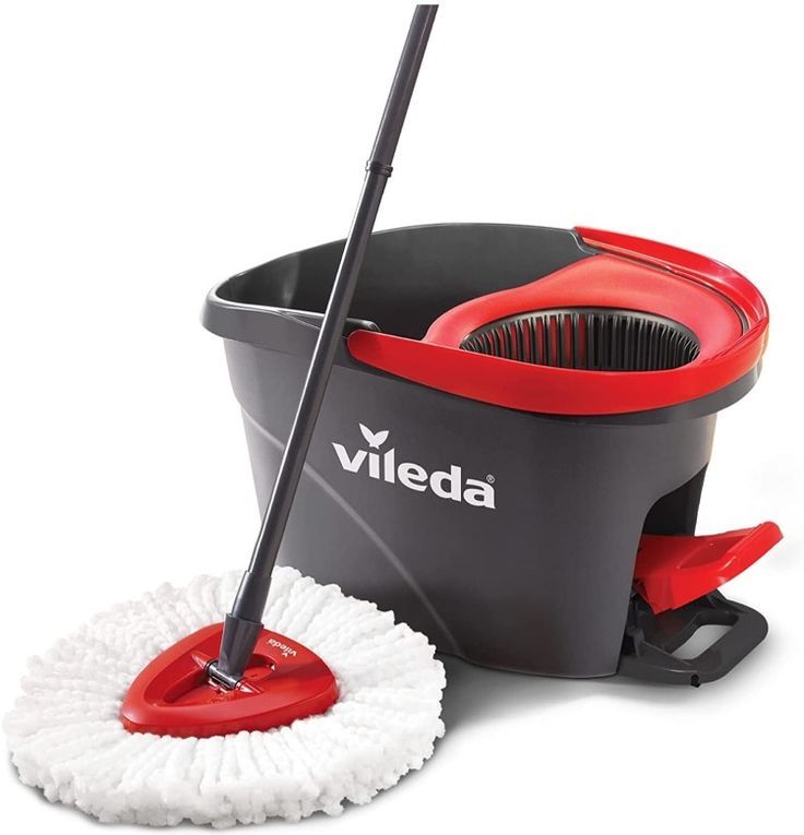 a mop and bucket with a red handle