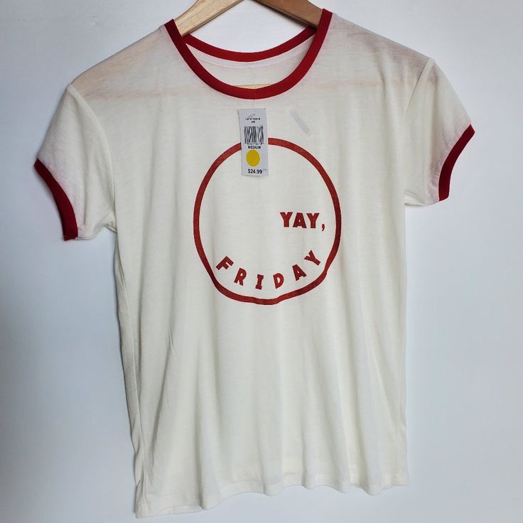 Yay Friday!!!! White Retro-Looking T Very Light; See Through Small Mark On Back (See Last Pic) Approximate Measurements: 17.5" Chest 18.5" Length In Front Retro Look, On Back, Red White, Colorful Shirts, Red And White, Womens Tops, Tops & Tees, Red, T Shirt