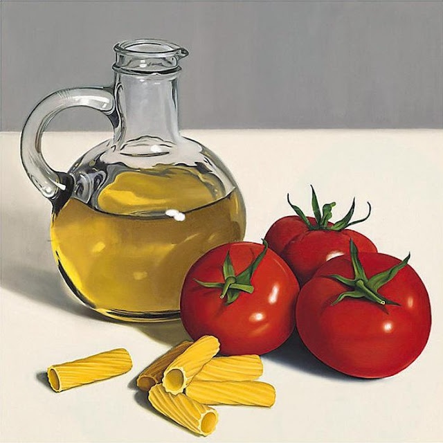 a painting of tomatoes, pasta and oil on a white tablecloth next to a glass jug