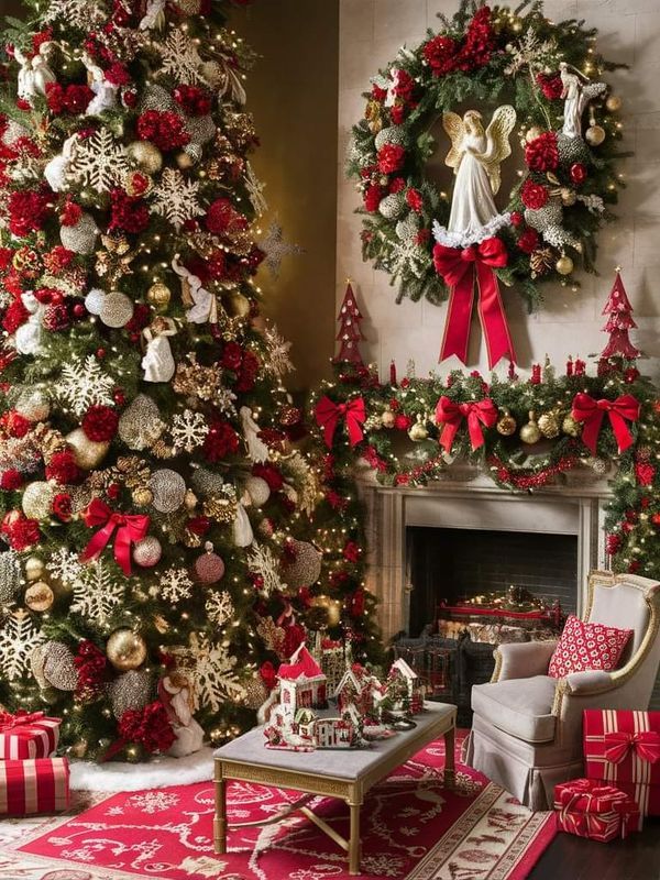 christmas tree decorated with red and gold ornaments in front of a fireplace, surrounded by wreaths