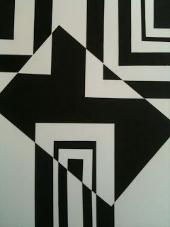 an abstract black and white painting with lines in the center, diagonals on each side